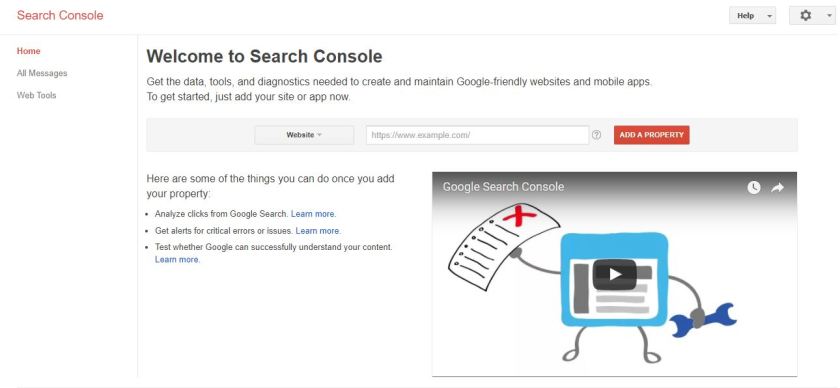 Welcome page for Google Webmasters Search Console